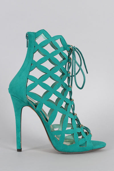 Liliana Caged Laser Cut Lace Up Heel