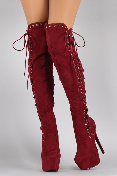 Suede Corset Lace Up Metal Eyelet Chunky Hidden Platform Stiletto Boots