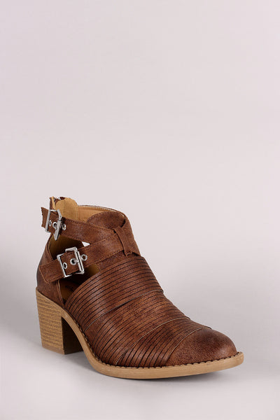 Qupid Slashed Crisscross Buckled Strap Chunky Heeled Ankle Boots