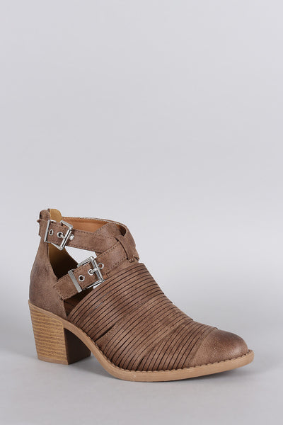 Qupid Slashed Crisscross Buckled Strap Chunky Heeled Ankle Boots