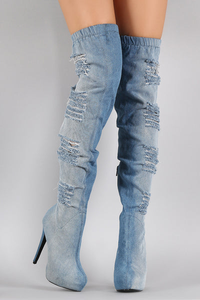 Distressed Denim Almond Toe Over-The-Knee Boots