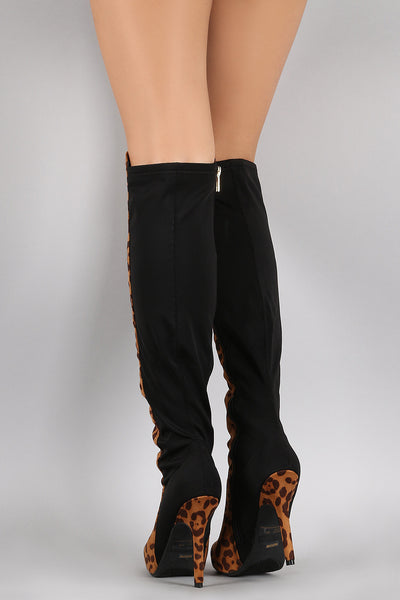 Dollhouse Leopard Contrast Panel Stiletto Over-The-Knee Boots