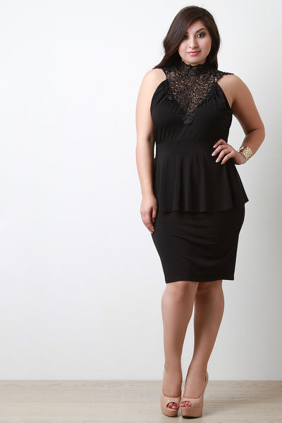 Crochet Neckline Knit Peplum Dress