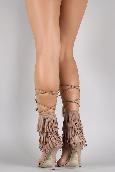 Fringe Cuff Tassel Lace Up Open Toe Heel