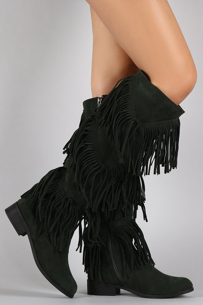 Suede Layered Fringe Round Toe Knee High Boots