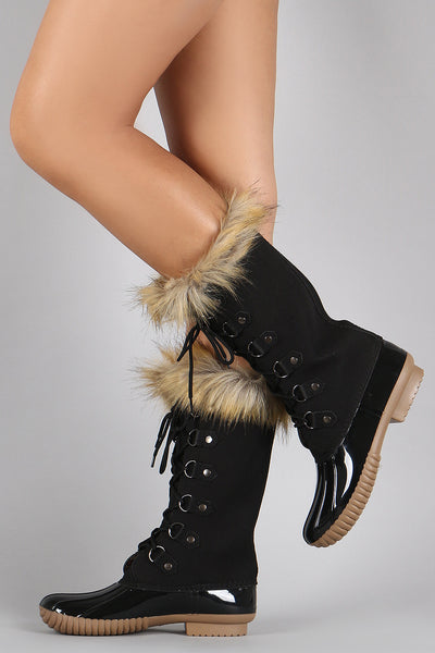 Faux Fur Cuff Lace Up Duck Mid Calf Boots