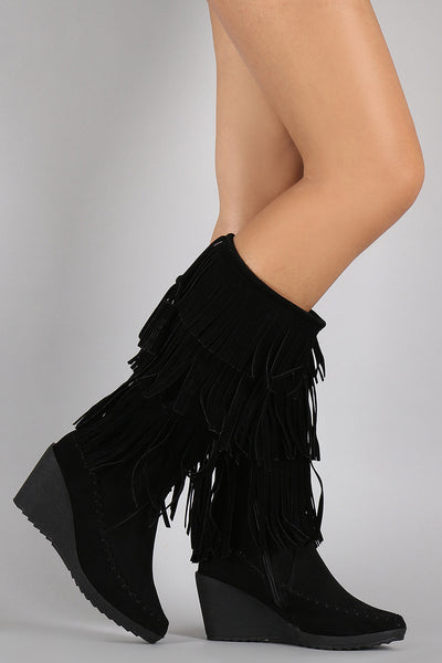 Suede Layered Fringe Drawstring Moccasin Wedge Boots