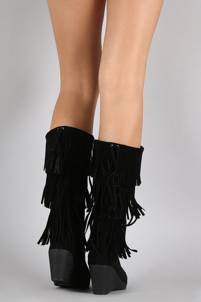 Suede Layered Fringe Drawstring Moccasin Wedge Boots