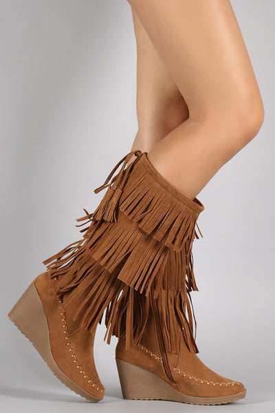 Suede Layered Fringe Drawstring Moccasin Wedge Boots