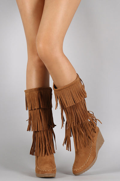 Suede Layered Fringe Drawstring Moccasin Wedge Boots