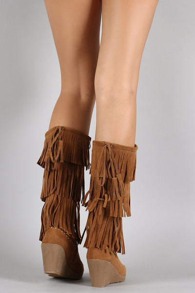 Suede Layered Fringe Drawstring Moccasin Wedge Boots