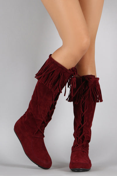 Lace Up Fringe Cuff Vegan Suede Moccasin Boots