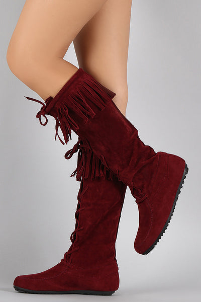 Lace Up Fringe Cuff Vegan Suede Moccasin Boots