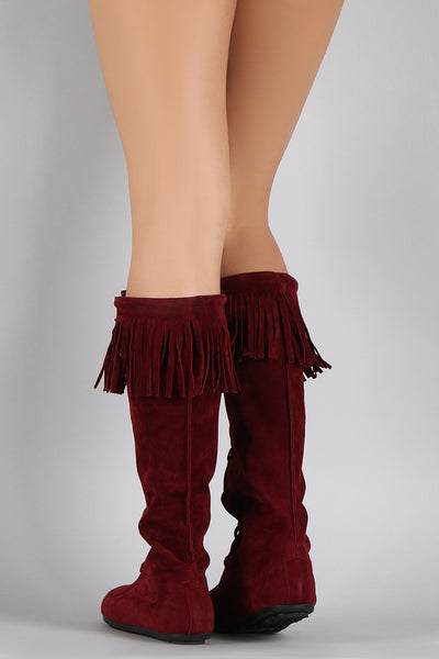 Lace Up Fringe Cuff Vegan Suede Moccasin Boots