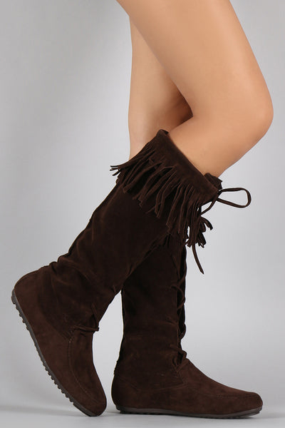 Lace Up Fringe Cuff Vegan Suede Moccasin Boots