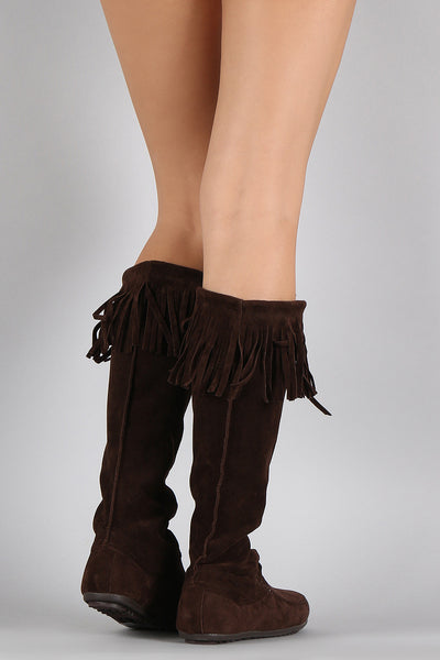 Lace Up Fringe Cuff Vegan Suede Moccasin Boots