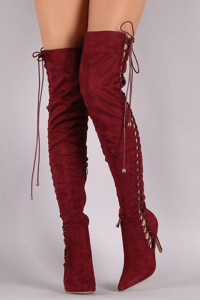 Suede Corset Lace Up Pointy Toe Stiletto Over-The-Knee Boots