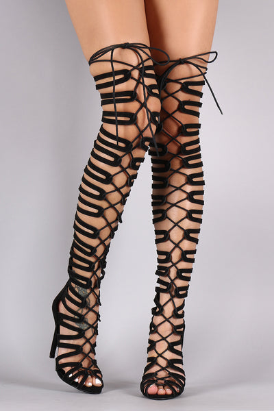 Suede Strappy Cage Lace-Up Open Toe Thigh High Heels