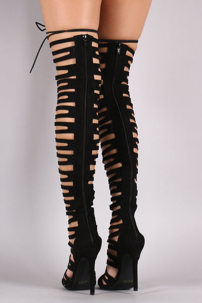 Suede Strappy Cage Lace-Up Open Toe Thigh High Heels