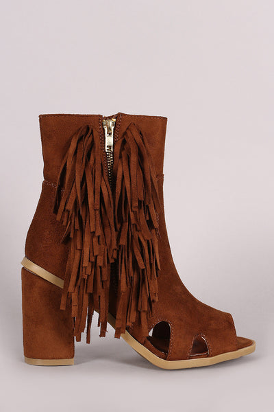 Suede Zipper And Fringe Chunky Heeled Ankle Boots