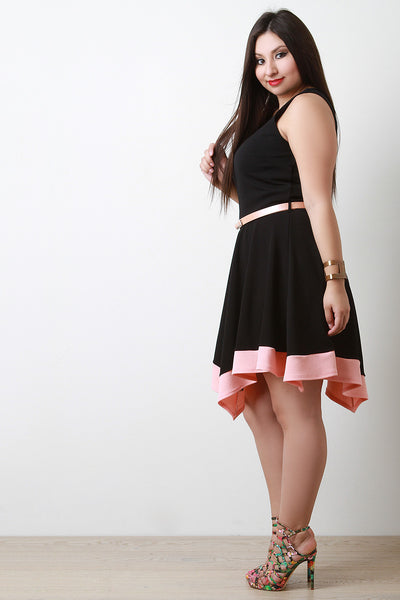 Contrast Belted Sleeveless Handkerchief Hem Fit And Flare Dress