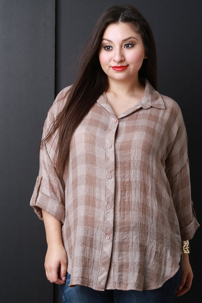 Plaid Pattern Quarter Sleeves Button Up Shirt Top