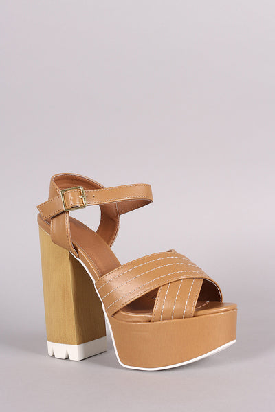 Qupid X-Band Ankle Strap Faux Wooden Platform Heel