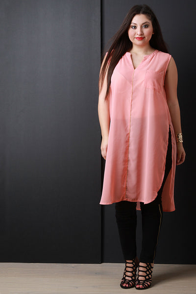 Chiffon Sleeveless Deep Slit Longline Tunic Top