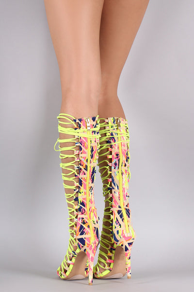 Neon Watercolor Corset Lace Up Gladiator Heel