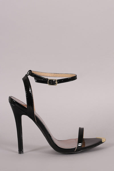 Qupid Patent Gold Tip Ankle Strap Stiletto Heel