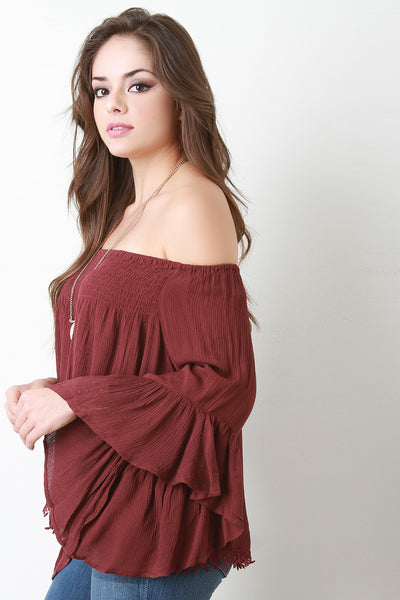 Off-The-Shoulder Bell Sleeve Peasant Blouse