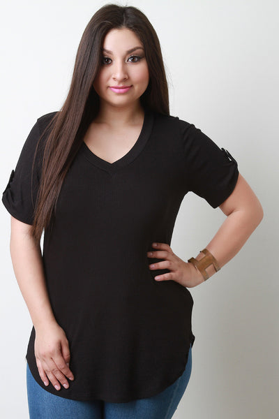 V-neck Tab Sleeve Round Hem Top