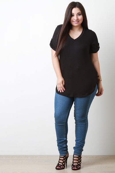 V-neck Tab Sleeve Round Hem Top