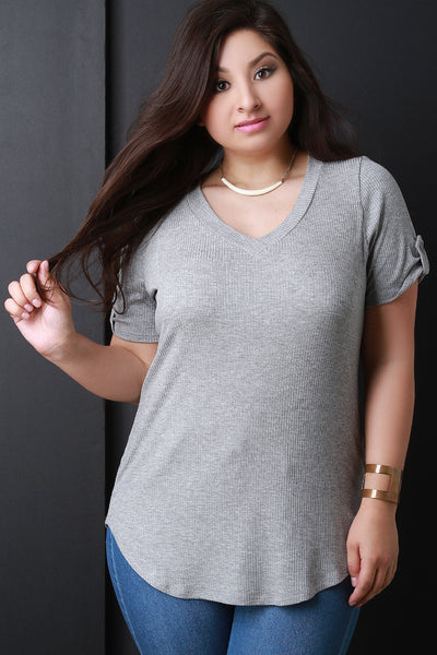 V-neck Tab Sleeve Round Hem Top