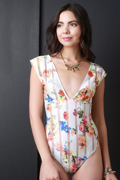 Plunging V-Neck Semi-Sheer Floral Bodysuit