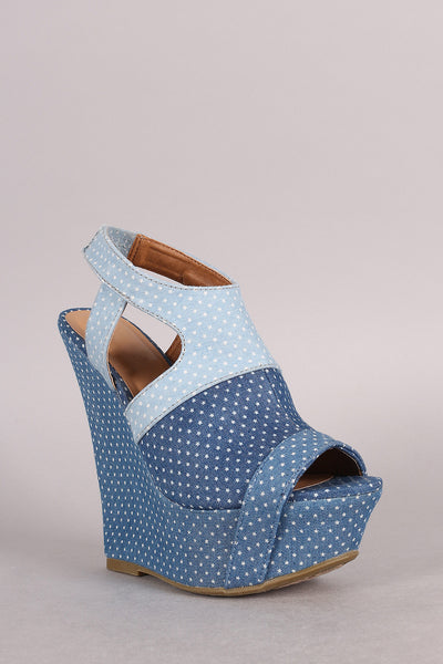 Bamboo Colorblock Denim Star Print Platform Wedge