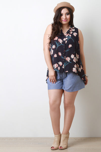 Floral Chiffon Collar Button Up Sleeveless High Low Top