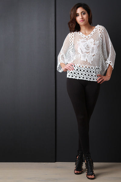 V Neck Rosette Crochet Dolman Sleeve Top