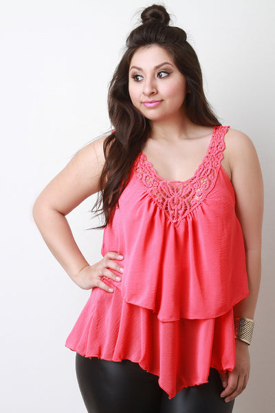 Sleeveless Crochet Trim Tiered Top