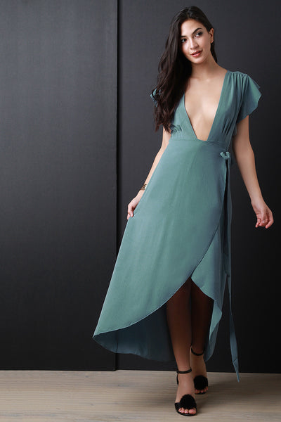 Flared Sleeve Self Tie Surplice Dress