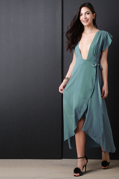 Flared Sleeve Self Tie Surplice Dress