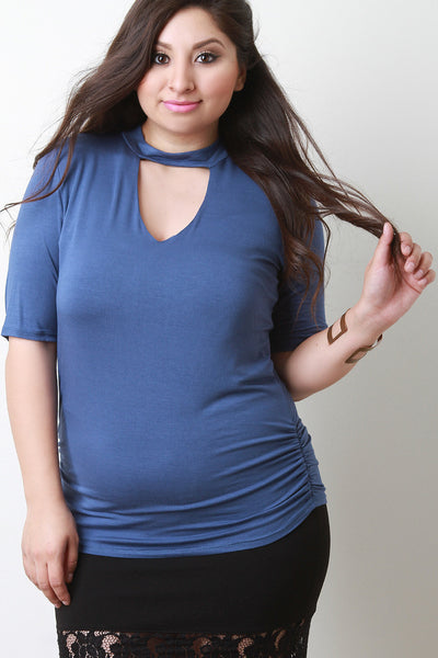 Mock Neck Keyhole Ruched Top