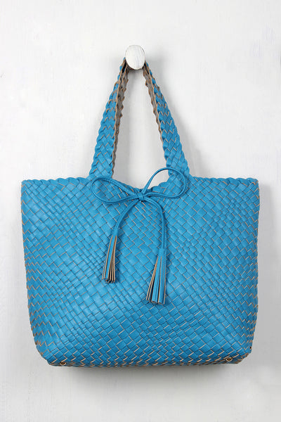 Reversible Woven Tassel Tie Tote Bag