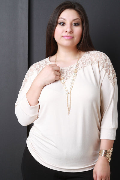 Lace Yoke Dolman Sleeve Necklace Top