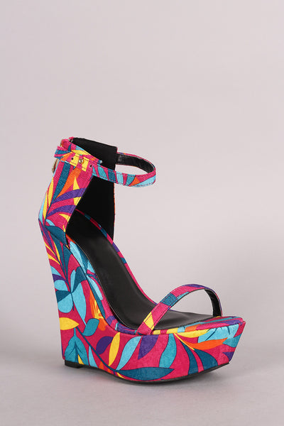 Tropical Leaves Print Open Toe Platform Wedge