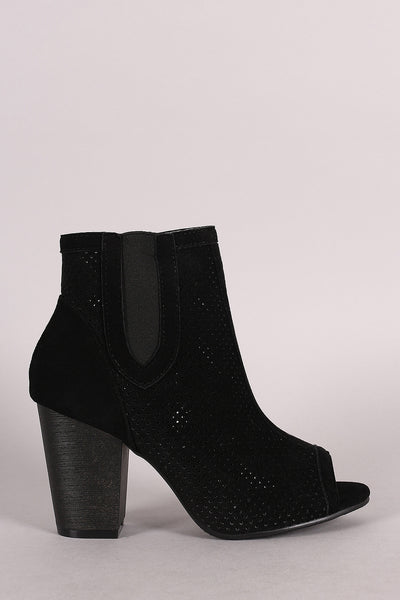 Perforated Peep Toe Chunky Heel Bootie