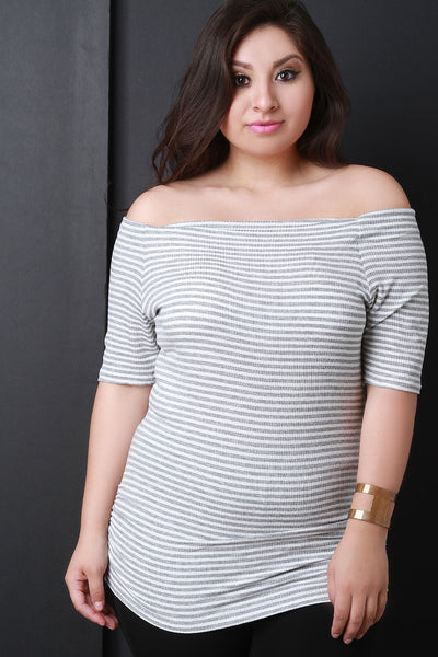 Stripe Ribbed Knit Off Shoulder Bardot Top