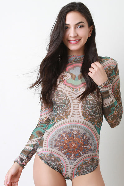 Semi-Sheer Sublime Mesh Tribal Print Bodysuit