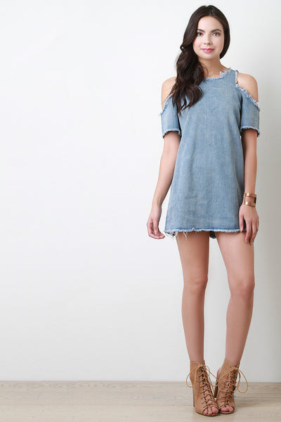 Cold Shoulder Fringed Denim Shift Dress