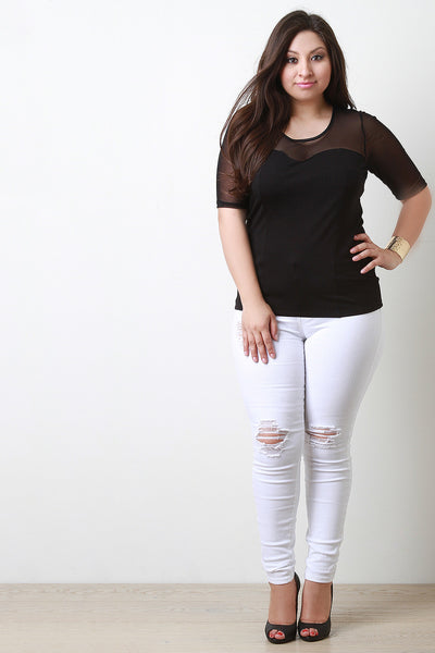 Mesh Contrast Round Neck Top